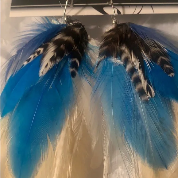 Blue White Cream Genuine Leather Festival Earrings NWT - Picture 7 of 11